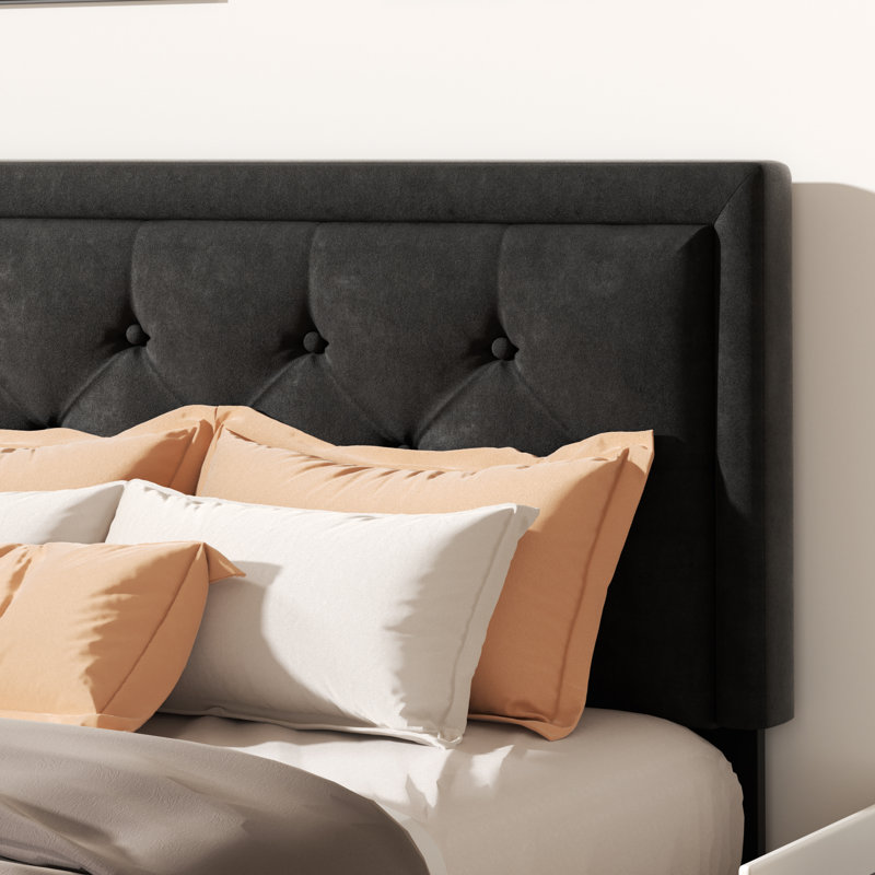 Mauriciu Platform Bed Frame with Button Tufted Headboard and Wooden Slats Support, Full, Black