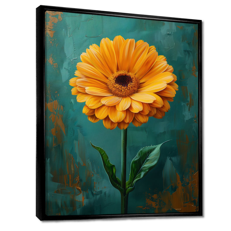 Jaune jaune noir avec fleurs de souci Marigold, Cadre flottant noir, bois massif, H 24 po x l 32 po