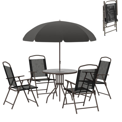 Ensemble de 6 tables d'extérieur et chaises, ensemble de meubles de patio avec parasol, table en verre trempé, 4 chaises pliantes et parasol