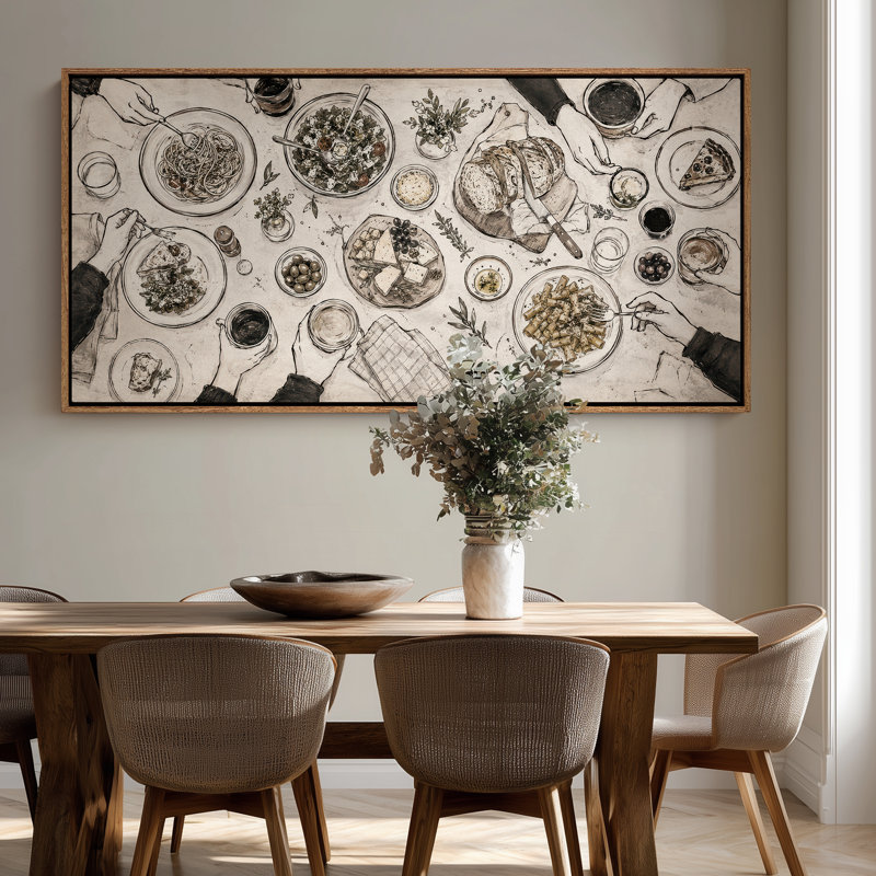 Très grande table de salle à manger familiale rustique avec des pâtes à pain artisanales et une impression de repas partagé