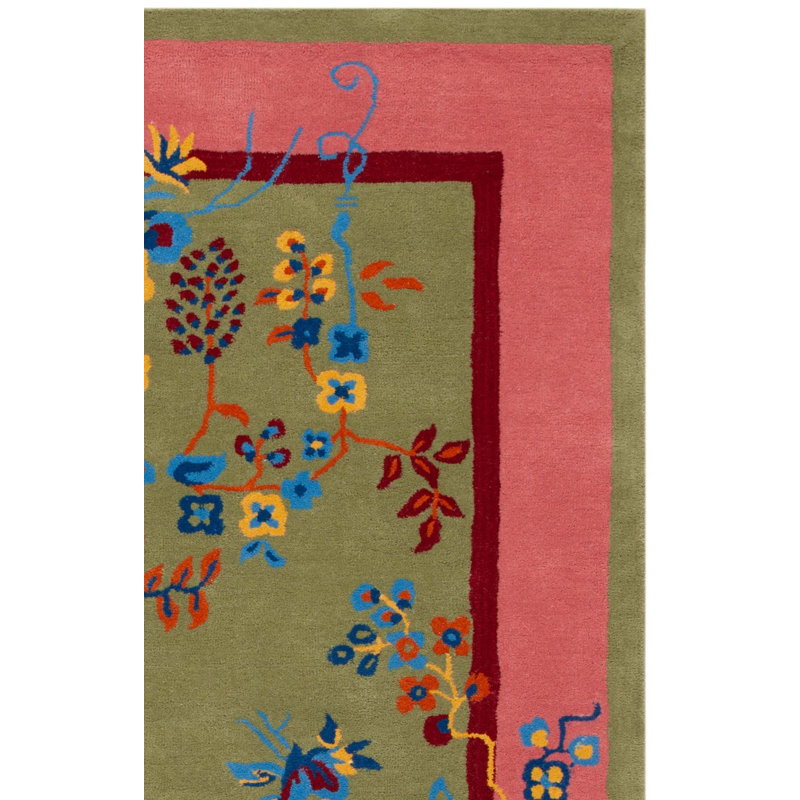 Anticur Hand Tufted Wool/Cotton Floral Rug in Green/Pink, Square 6"