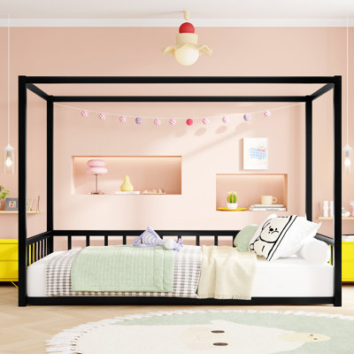 Black Twin Iron Bed Frame With Multi - Sided Guardrails, Toppling Feature, Stable Bedroom Setup Frame, Fence Design, Elliptical Tubes, Pleasant Sleep In