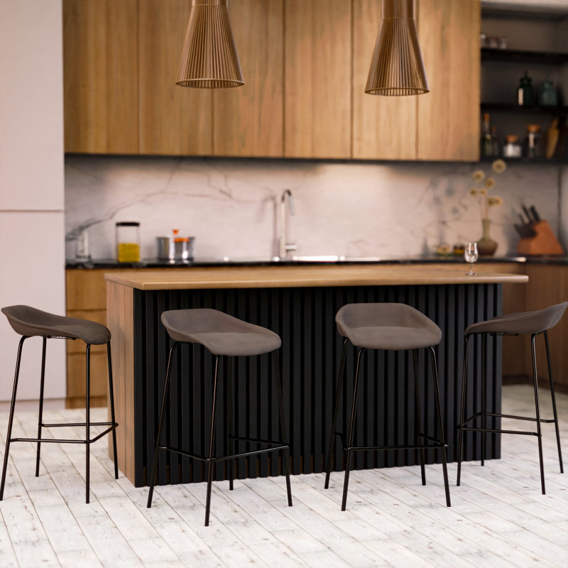Masayo 29.52'' Short Bar Stool with Upholstered Seat and Iron Frame, Elephant Grey