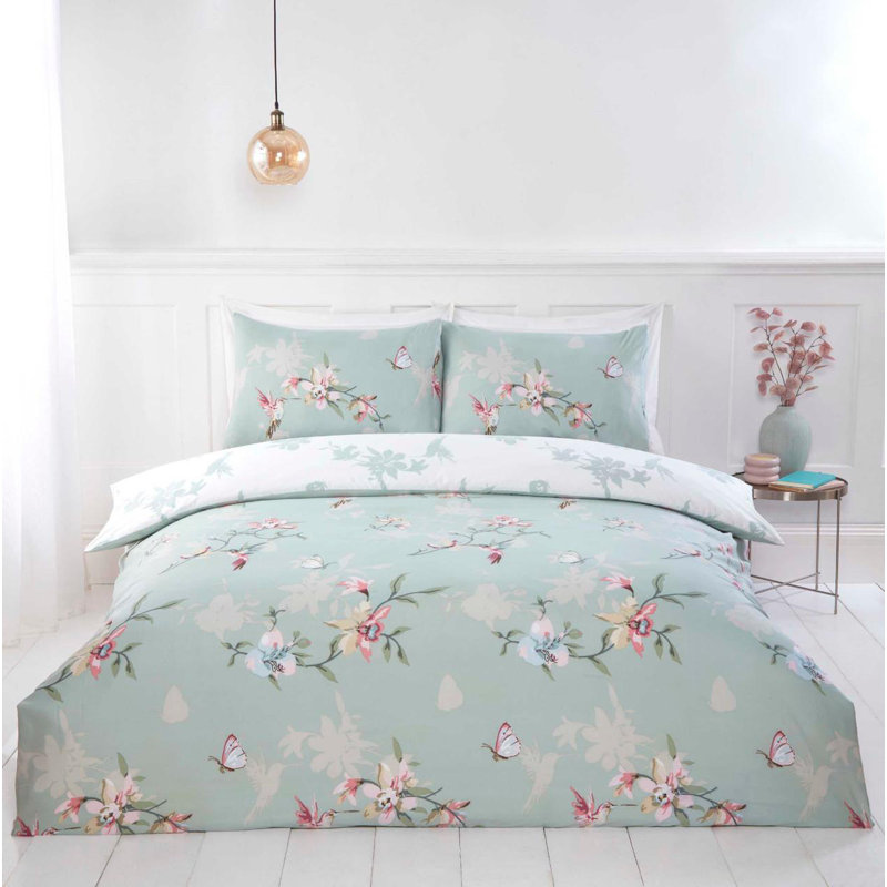 Polyester Bedding with Pillowcases Included, Green Floral, Double Duvet Cover Set + 3 Additional Pieces