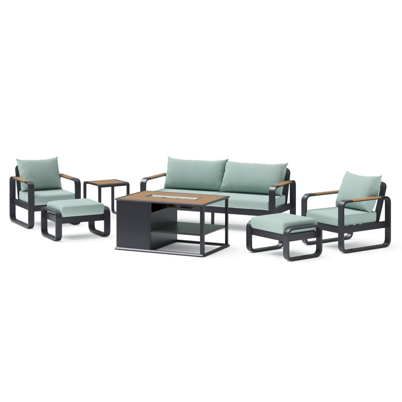 Andes 7-Piece Sunbrella® Outdoor Patio Fire Seating Set - Spa Blue, Spa Blue