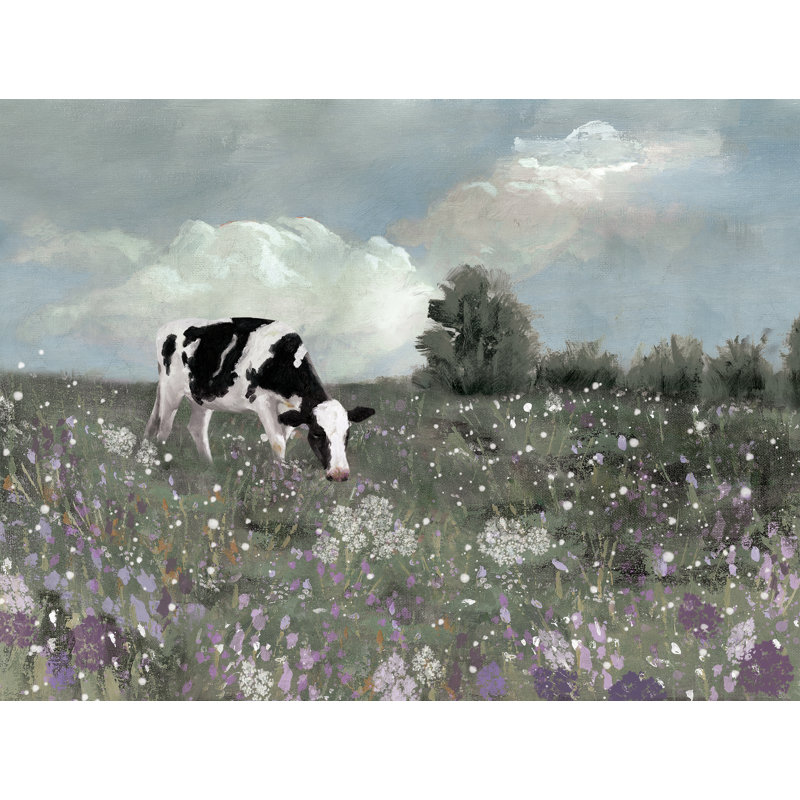 Vache dans un champ par Inconnu, Papier avec cadre unique doré, Pas de tapis, H 12 po x l 16 po