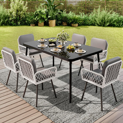 7-Piece Outdoor Patio Dining Set, Rectangular Tempered Glass Table with 6 Wicker Chairs and Cushions, Modern Garden Furniture Set