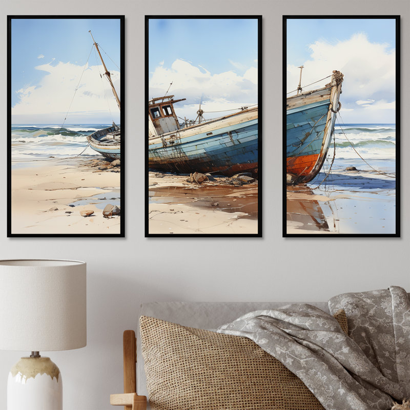 Bateau de pêche à la plage - ensemble de salon d'art mural bord de mer, Cadre flottant noir, H 32 po x l 48 po x P 1 po