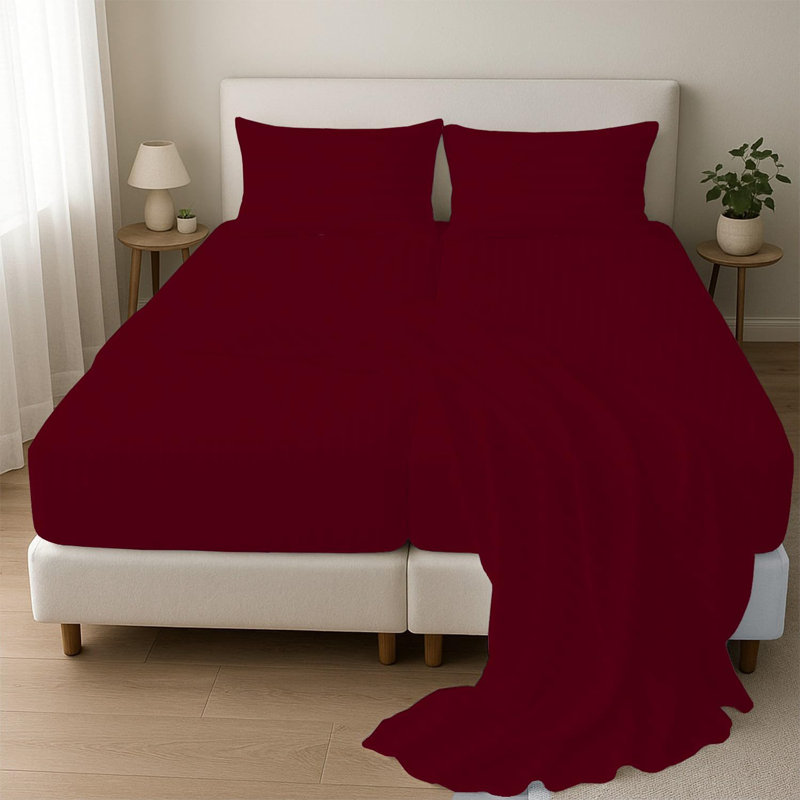 Ensemble de draps 5 pièces pour très grand lit divisé en californien divisé, 100% coton égyptien à densité de tissage 800, draps ajustables à poches profondes 15 po, rayures bourgogne