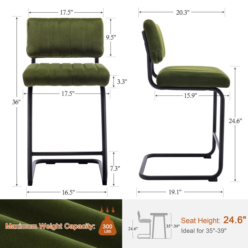 Tabouret de bar / comptoir en velours capitonné à dossier bas Marlow, Vert olive