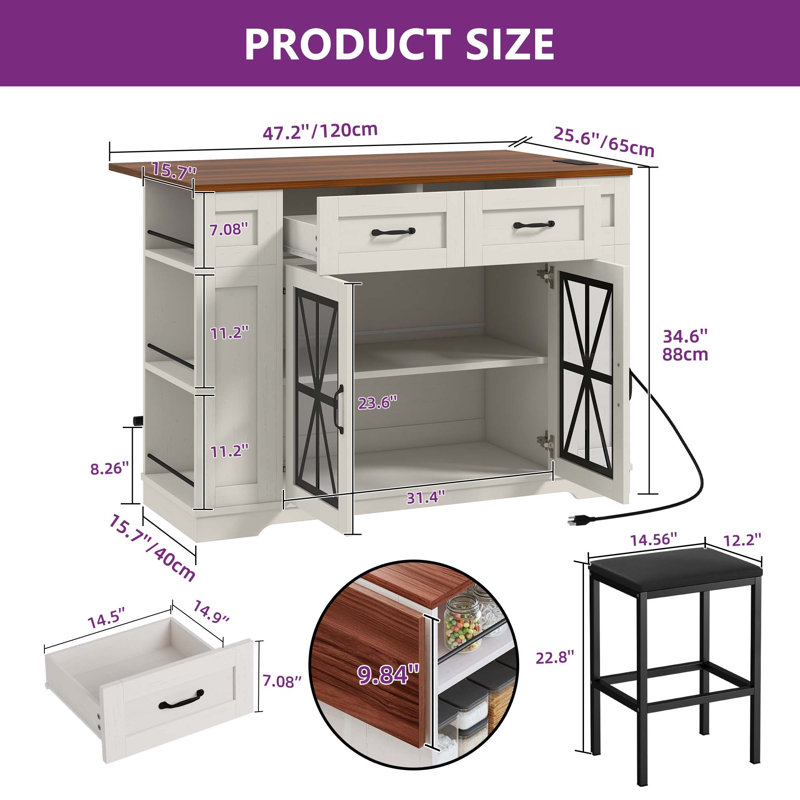 Grand îlot de cuisine portable Medeeha avec rallonge de rangement et 2 tabourets de bar pour cuisine avec roulettes