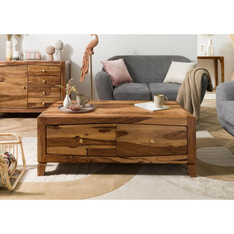 Ancona Solid Wood Four Leg Coffee Table with Storage, Brown Lacquered