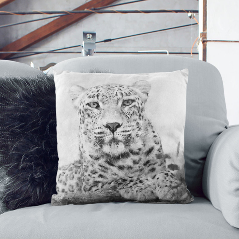 Leopard Resting Painting Cushion with Filling, 40cm H x 40cm W x 15cm D, White