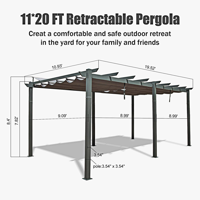 Pergola d'extérieur rétractable avec auvent résistant aux intempéries, L 234,26 po x P 131,18 po, Gris foncé