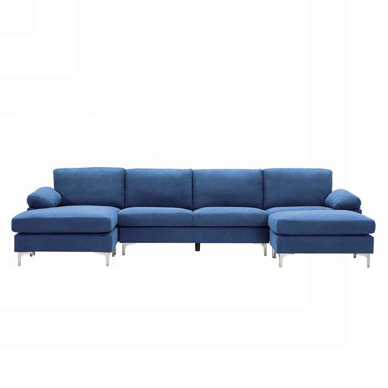 Upholstered U-Shaped Sectional Symmetrical, Blue Polyester Blend