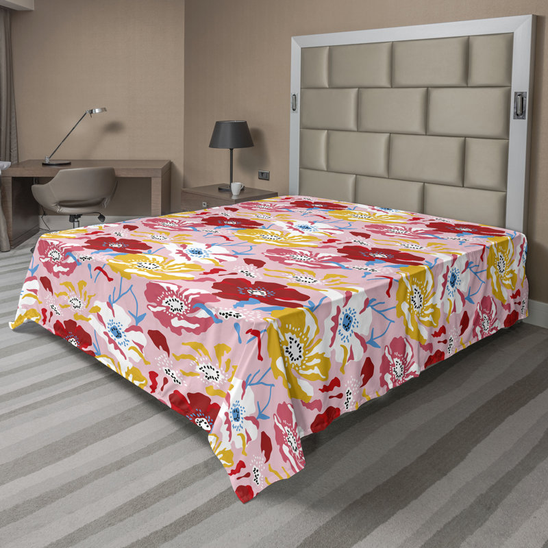 Ambesonne Abstract Floral Flat Sheet Flowers on Rose Mustard Pink and Raspberry, California King Flat Sheet