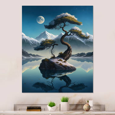 Mountains Reflections Sunset Painting, Lake Canvas Paintings, Tree