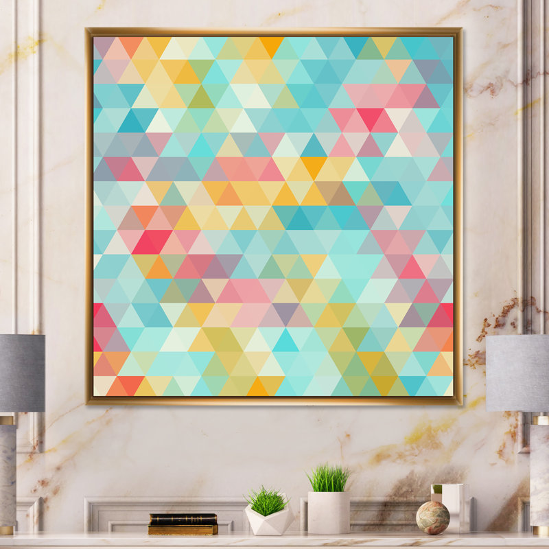 Abstrait de triangles - décoration murale moderne Mid-Century, H 30 po x l 30 po x P 1 po, Toile encadrée flottante dorée