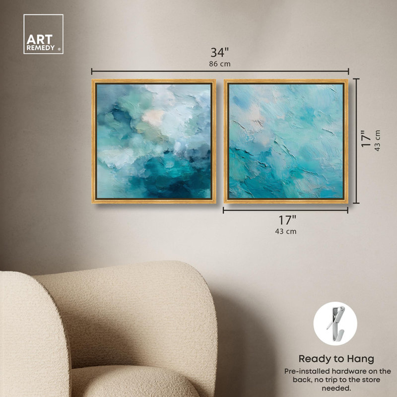 «Celeste Swirls Serenity pair», reproduction d'art sur toile, ensemble d'art abstrait côtier par Art Remedy, cadre doré, 16 x 16