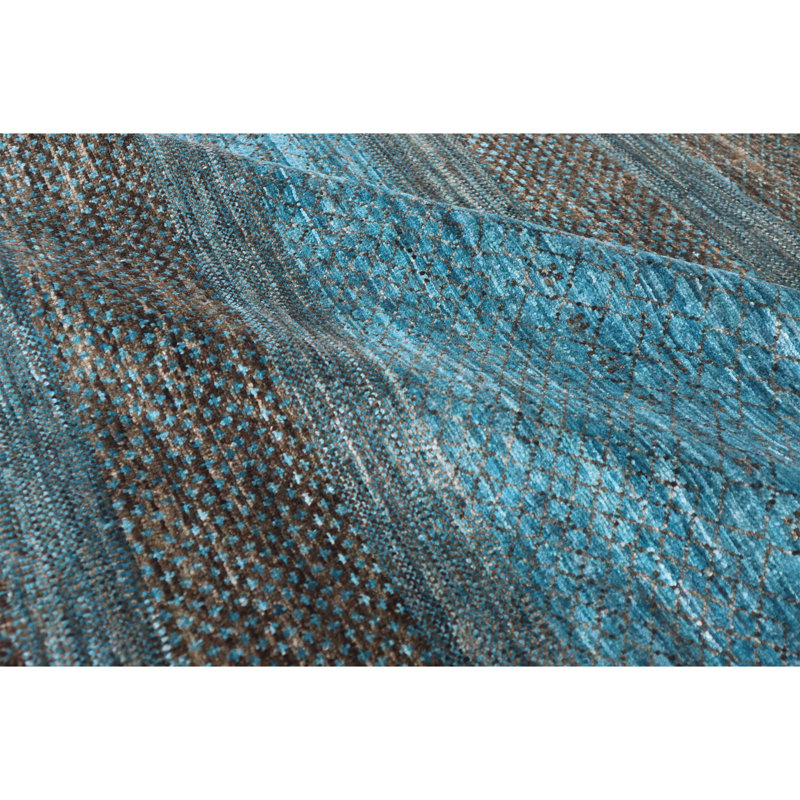 Hand Knotted Wool Area Rug in Aqua And Brown