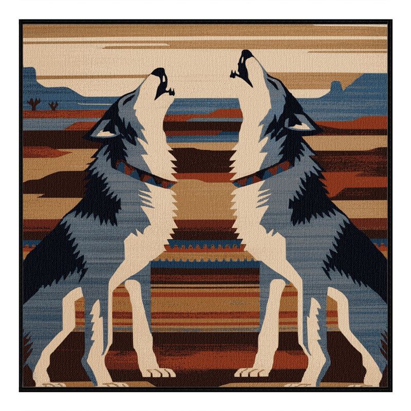 Washable Wolf Inspired Southwestern Area Rug, Square 7'