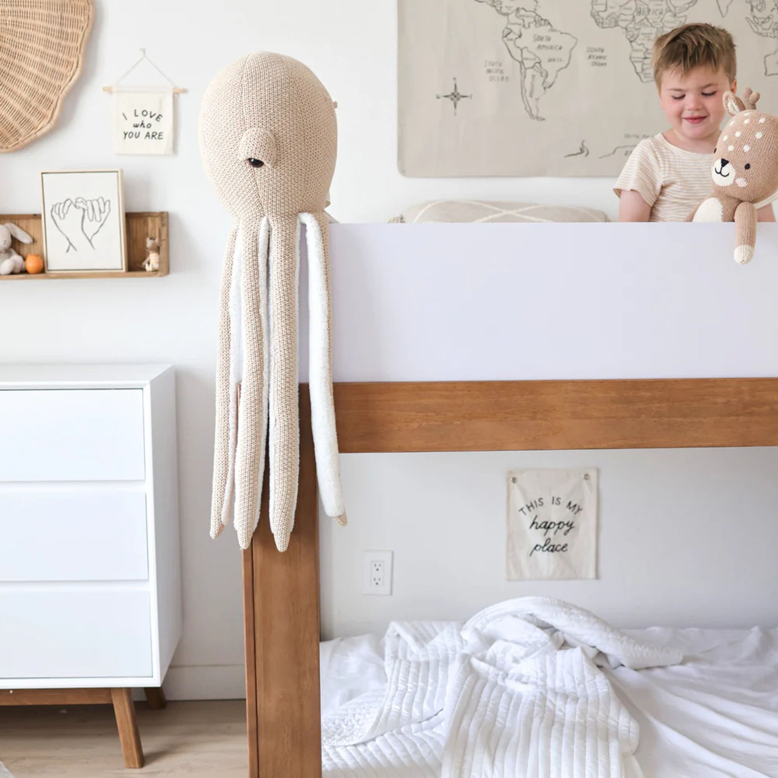 Ambur Twin Over Twin Bunk Bed, White/Pecan