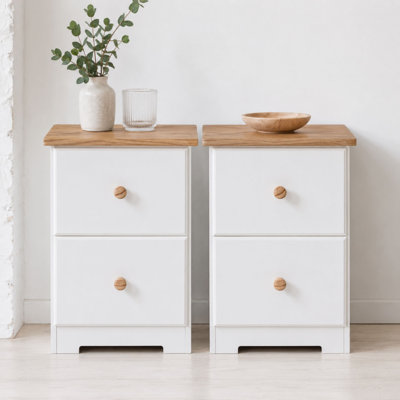 Set of 2 Leanora 2 Drawer Petite Bedside Cabinets, White & Oak Effect