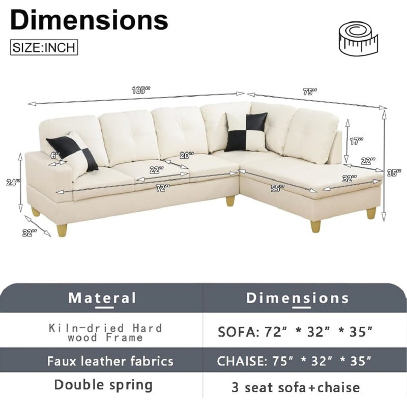 Bawan Faux Leather L-Shaped Sectional, Right Hand Facing, White Faux Leather