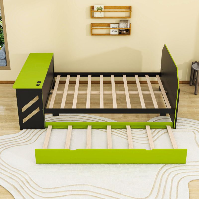 Lit de jour moderne en bois pleine grandeur avec lit gigogne coulissant simple et port USB intégré, Vert
