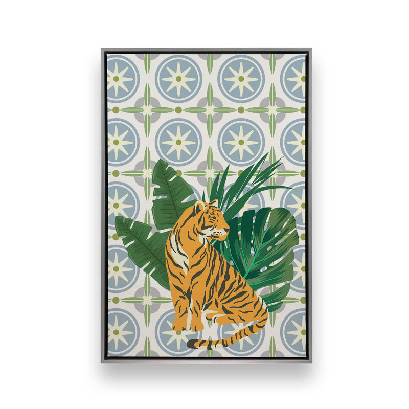 Tigre et motifs tropicaux, reproduction sur toile dans un cadre, H 48,75 po x l 32,75 po, Chrome poli