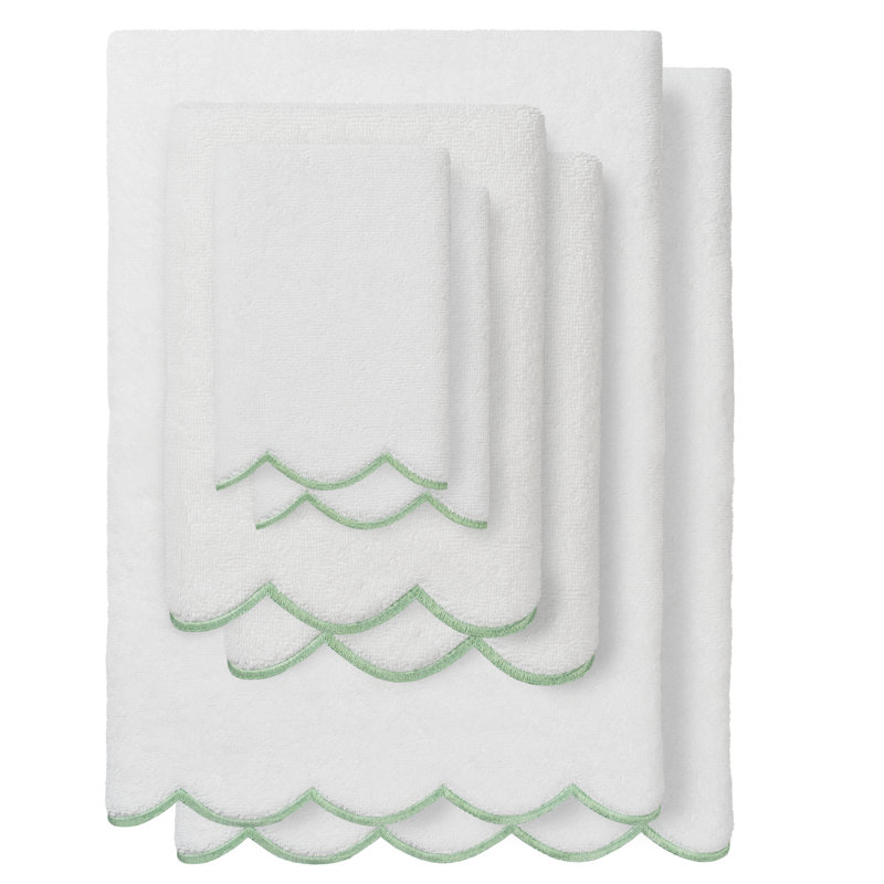  100% Turkish Cotton ADORNIA Scallop 6PC Towel Set, White/Green, 6 Piece Towel Set