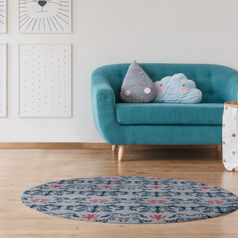 Tapis rond argenté à motif damassé baroque