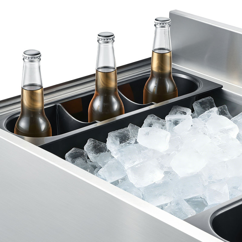 Bac à glaçons commercial, capacité maximale de 100,7 pte, glacière en acier inoxydable de 36 x 19 x 33 po avec couvercle coulissant et porte-bouteilles, unité de chariot-glacière pour bar-pub, certifié NSF