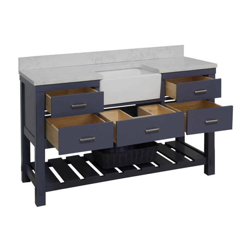 Hitton 60'' Single Bathroom Vanity with Top, Marine Gray, Engineered Carrara