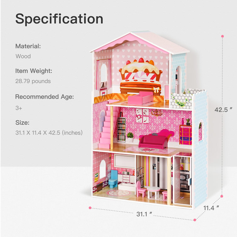 ROFITALL Vintage Wooden Dollhouse For Kids With Furniture Accessories For  Birthday And Christmas ,Brick Red & Reviews