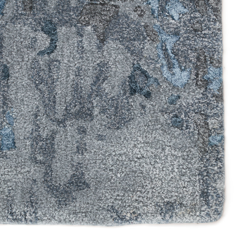 Tapis bleu en viscose noué à la main de conception unique 8 pi x 10 pi New Age, Rectangle de 5 pi x 8 pi