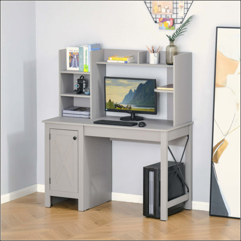 Bureau d'ordinateur de ferme avec huche et armoire, bureau à domicile avec rangement, pour bureau, Gris clair