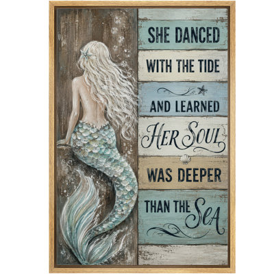 She Danced with the Tide Mermaid Coastal Quote Artwork, Bathroom Pictures, Framed Canvas Giclee Print Wall Art