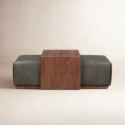 Jarmo Full-Grain Genuine Italian Leather Ottoman With Walnut Table