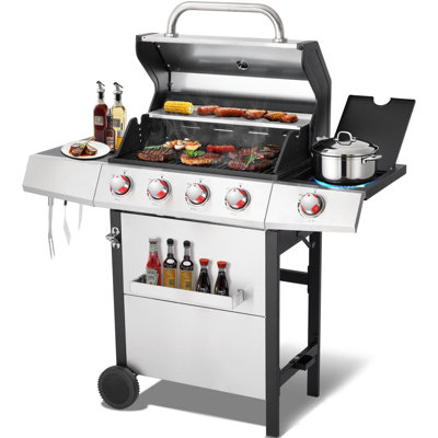 4 Burner Propane Gas Grill Combo w/Side Burner, 3-in-1 BBQ Grill with Charcoal Smoker & Griddle Plate, 46,750 BTU, 448 Sq.In. Stainless Steel Outdoor Cooking Station