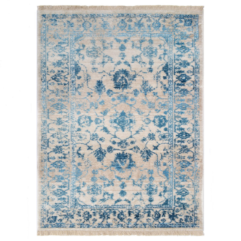 Hinnenkamp Machine Made Polyester Area Rugs - Rectangle, Ivory Blue Color, Oriental Design, Low Pile Machine Made Area Rugs for Living Room, Bed Room