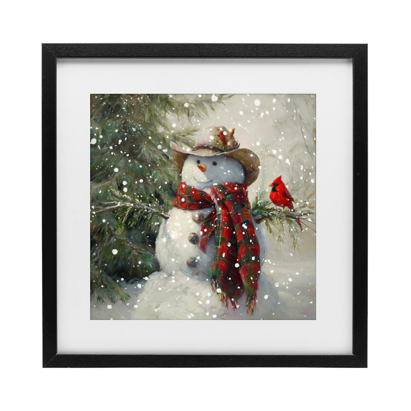 Cowboy Snowman & Cardinal, reproduction encadrée sous verre, conception de Tina LeCour, H 13 po x l 13 po, Cadre noir minuit