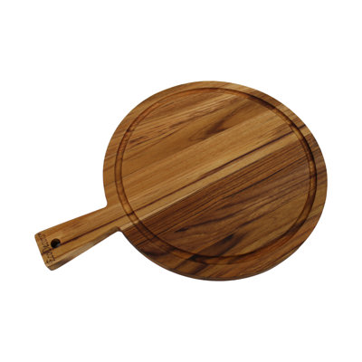 Planche à découper ronde en teck EcoDecors certifiée FSC avec poignée et rainure de jus, 16 x 12