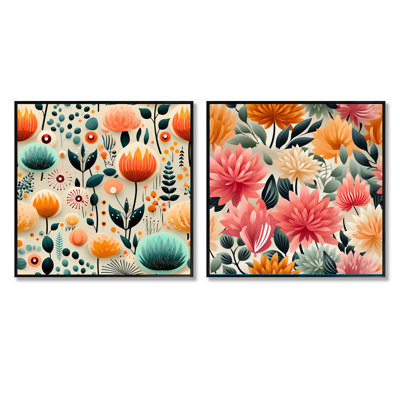 Multicolor Contemporary Geometry Floral Pattern - Abstract Botanicals Square Collage Set Of 2