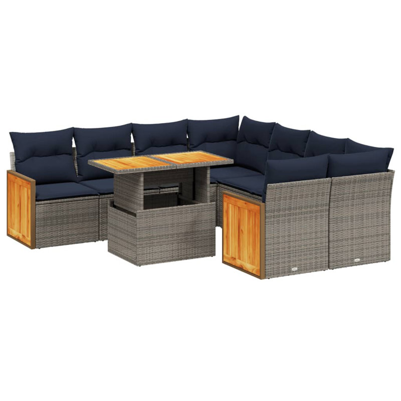  Ensemble de canapé de patio 9 pièces avec coussins en rotin de polyester, Gris, Bleu