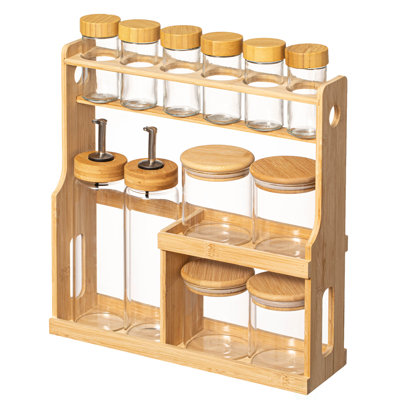 Support à épices en bambou à 3 niveaux avec 6 bouteilles à shaker à épices, 4 pots hermétiques et 2 bouteilles de sauce de soja ou d'huile d'olive, parfait pour l'organisation de la cuisine, la présentation de la salle à manger et le rangement du