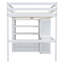 Lit mezzanine double en bois avec garde-robe intégrée, bureau, tablettes de rangement et tiroirs