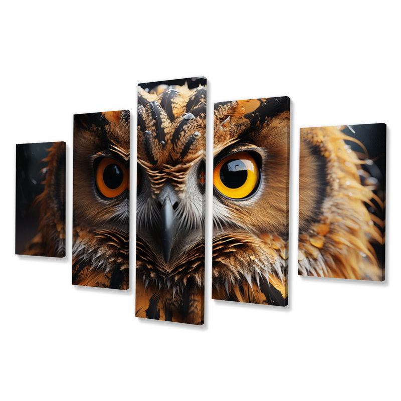 «Yellow Owl Wise Portrait IV», reproduction sur toile - 5 panneaux