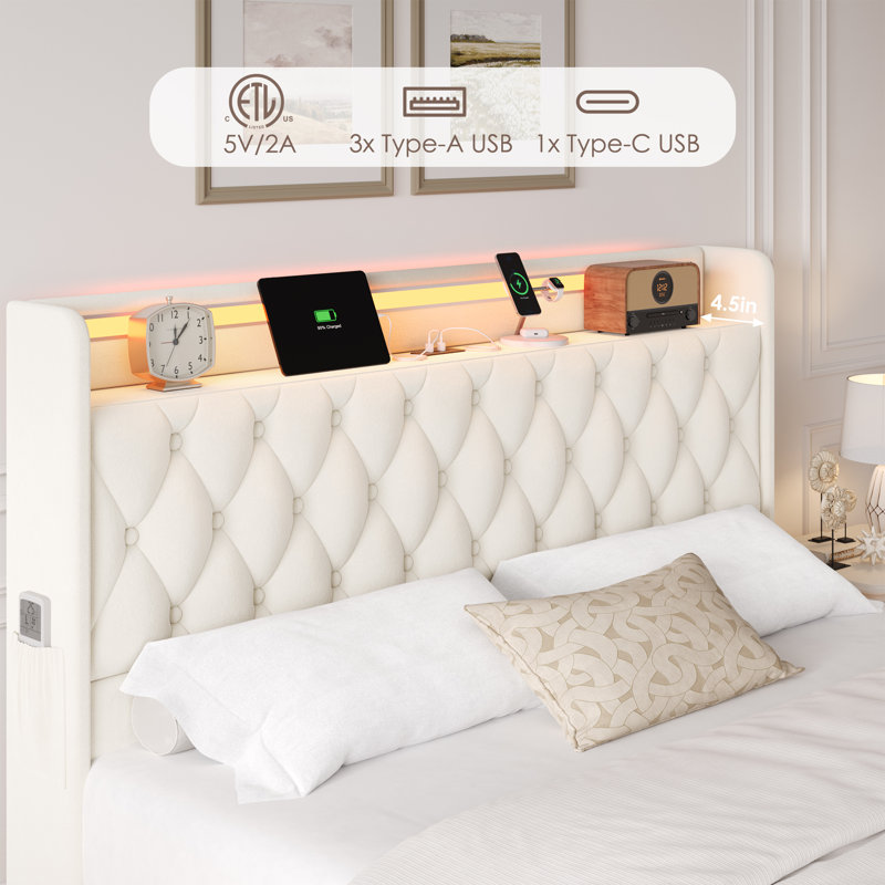 Upholstered Floating Bed With LED Lights, Charging Port, Full / Double