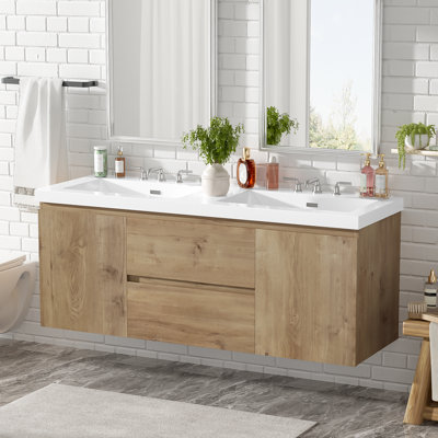 Ensemble de meuble-lavabo double 59,3 po - MDF - 2 pièces - Fixation murale - Bois - Portes à fermeture en douceur et tiroirs divisés